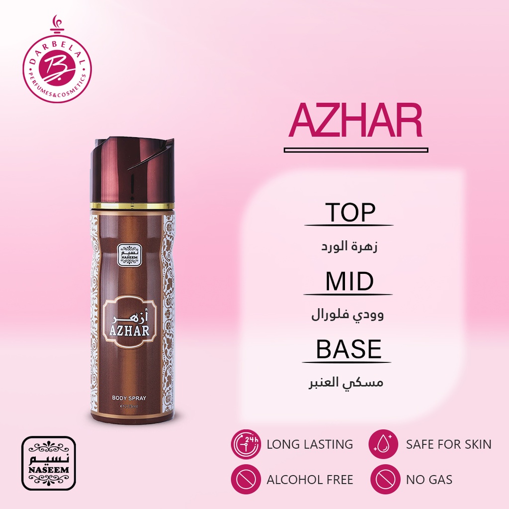 Azhar Non Alcoholic Perfume Body & Hair Spray  200 ML -  By Naseem