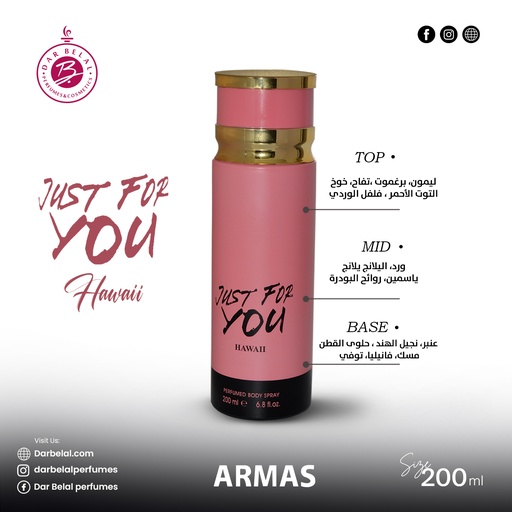 Hawaii Deodorant Perfume Body Spray  200 ML - Just for you By Armas