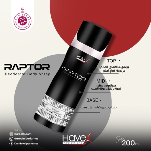 Raptor Deodorant Perfume Body Spray  200 ML - Original Collection By Havex